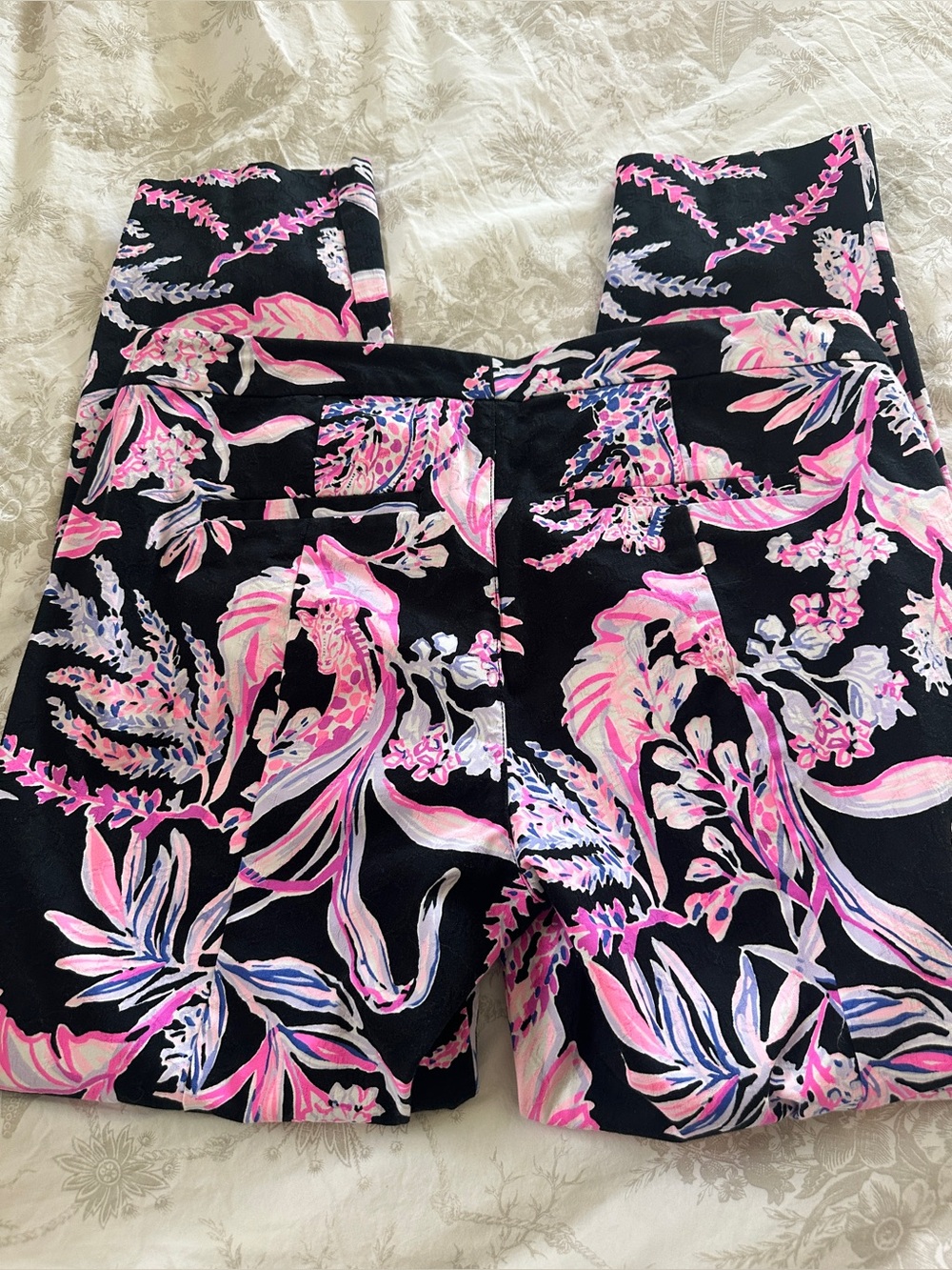 Lilly Pulitzer Black Floral Skinny Pants with Pink & White Print